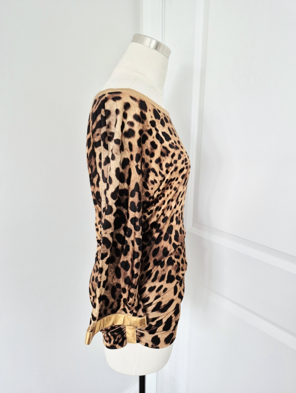 Vtg 90s D&G Leopard Rose Gold Leather Trim 3/4 Flared Slv Tunic Top Luxury Retro - Picture 9 of 11